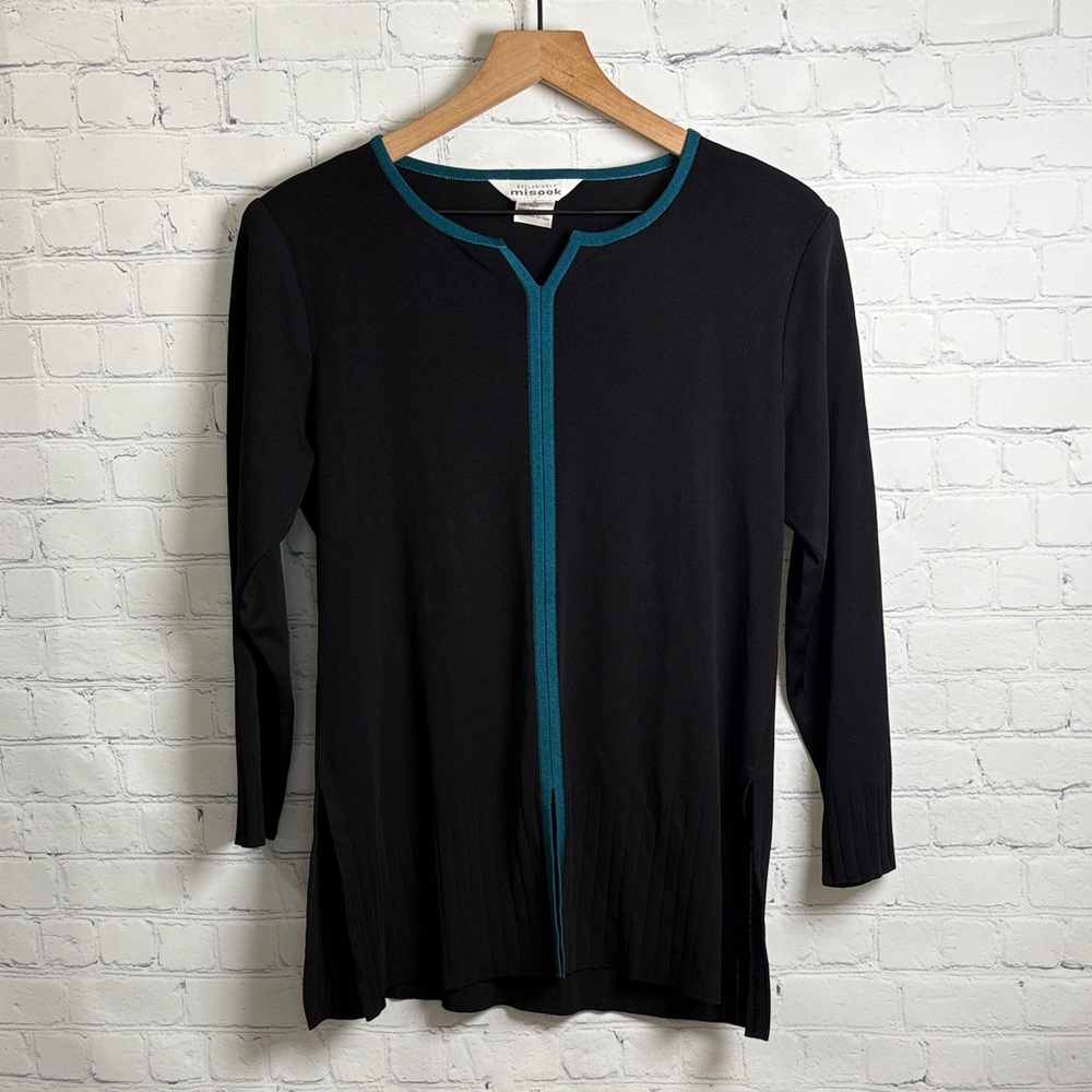 MISOOK Black Knit Split Neck Tunic Pullover Blue Trim Sweater size L